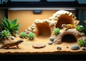 Terrarium Parfait pour Gecko Léopard : Guide d'Installation Complet (Taille, Chauffage & Aménagement) Terrarium pour geckos léopards avec deux geckos, plusieurs cachettes en roche artificielle et plantes succulentes
