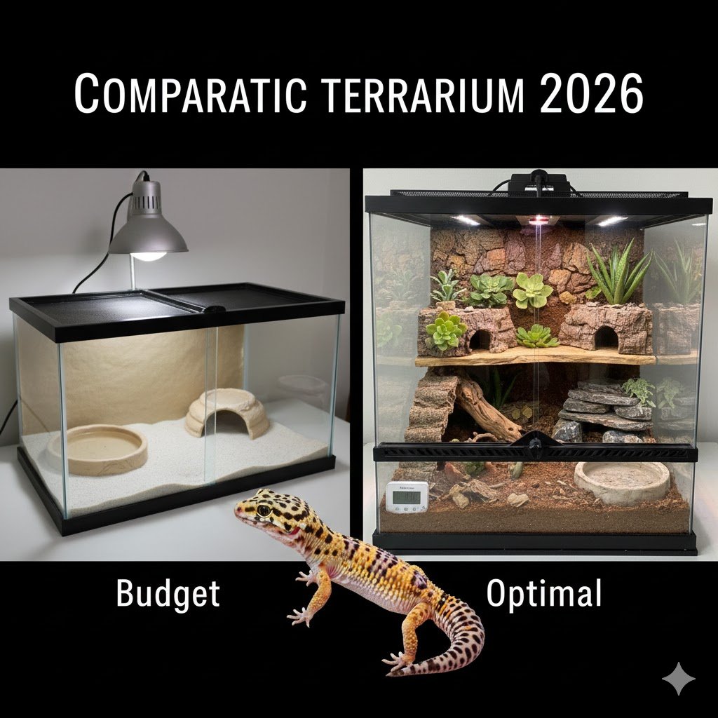 Comparatif : Quel est le Meilleur Terrarium pour Gecko Léopard en 2026 ? Comparaison de deux types de terrariums pour Gecko Léopard (verre et PVC) illustrant le guide comparatif du meilleur habitat en 2026.