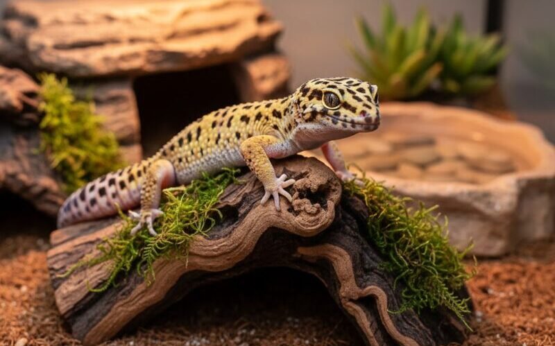 Gecko léopard maintenu dans un terrarium aménagé selon les principes de l’élevage responsable des NAC