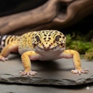 Terrarium Parfait pour Gecko Léopard : Guide d'Installation Complet (Taille, Chauffage & Aménagement) Gecko léopard adulte posé sur une surface naturelle, montrant ses couleurs et textures caractéristiques