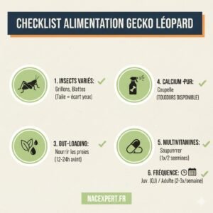 Checklist d’alimentation du Gecko Léopard : insectes variés, gut loading, calcium pur, multivitamines et fréquence de nourrissage