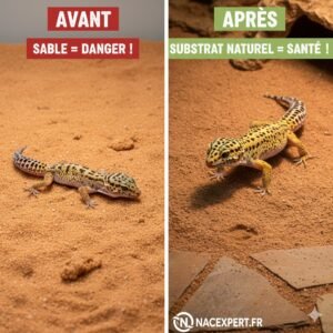 Comparaison substrat Gecko Léopard : sable dangereux avant et substrat naturel sécurisé après