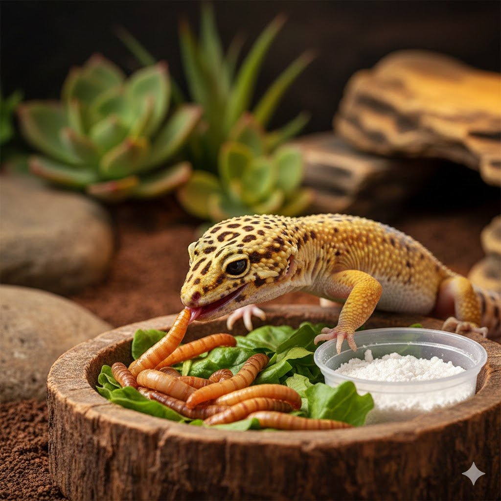 Gecko Léopard en train de manger des vers de farine et des feuilles dans une soucoupe en bois, avec un bol de poudre de calcium ou de vitamines à côté.