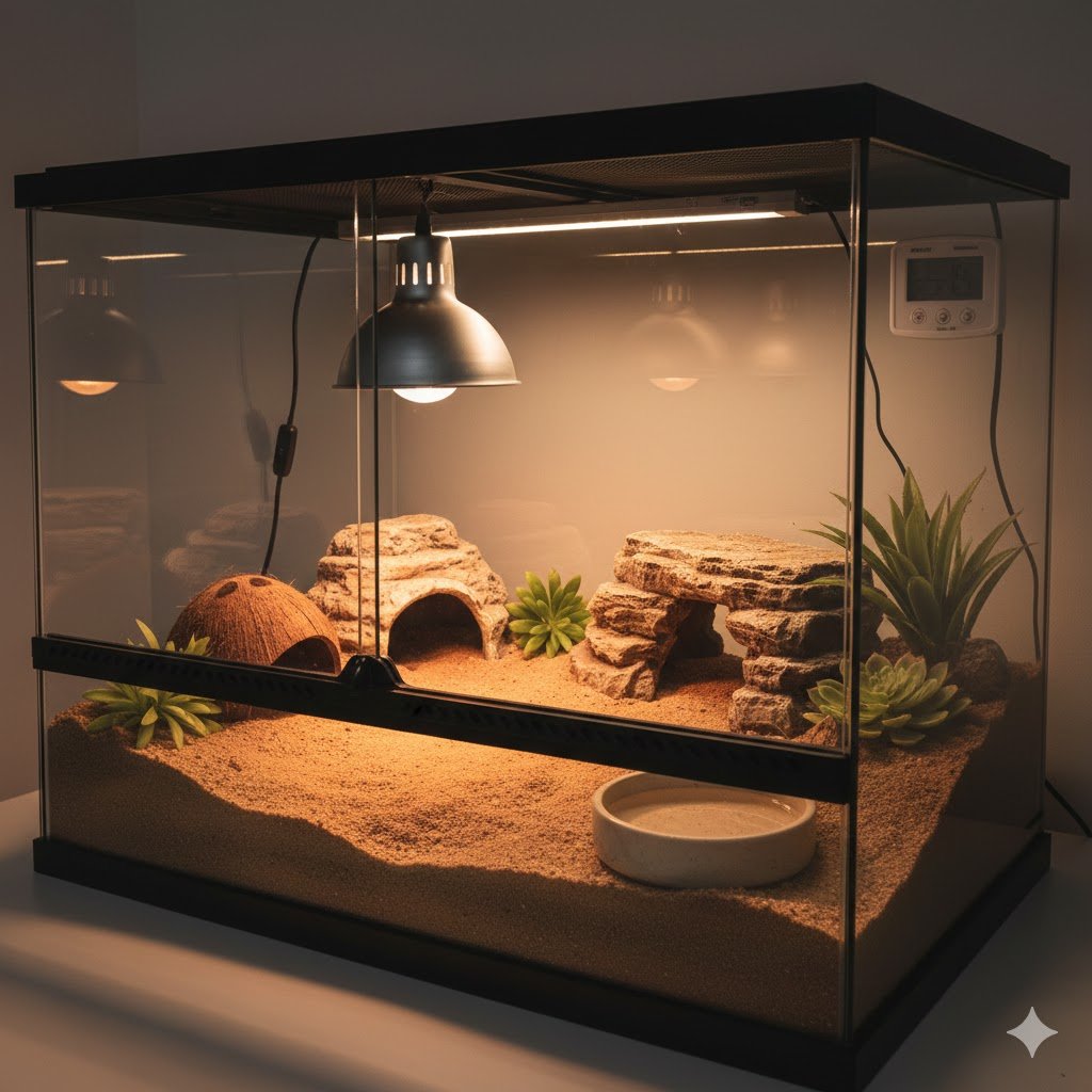 Terrarium Parfait pour Gecko Léopard : Guide d'Installation Complet (Taille, Chauffage & Aménagement) Terrarium aménagé pour Gecko Léopard, montrant la disposition des éléments essentiels : cachette, substrat sec, et gamelle d'eau. Installation complète.